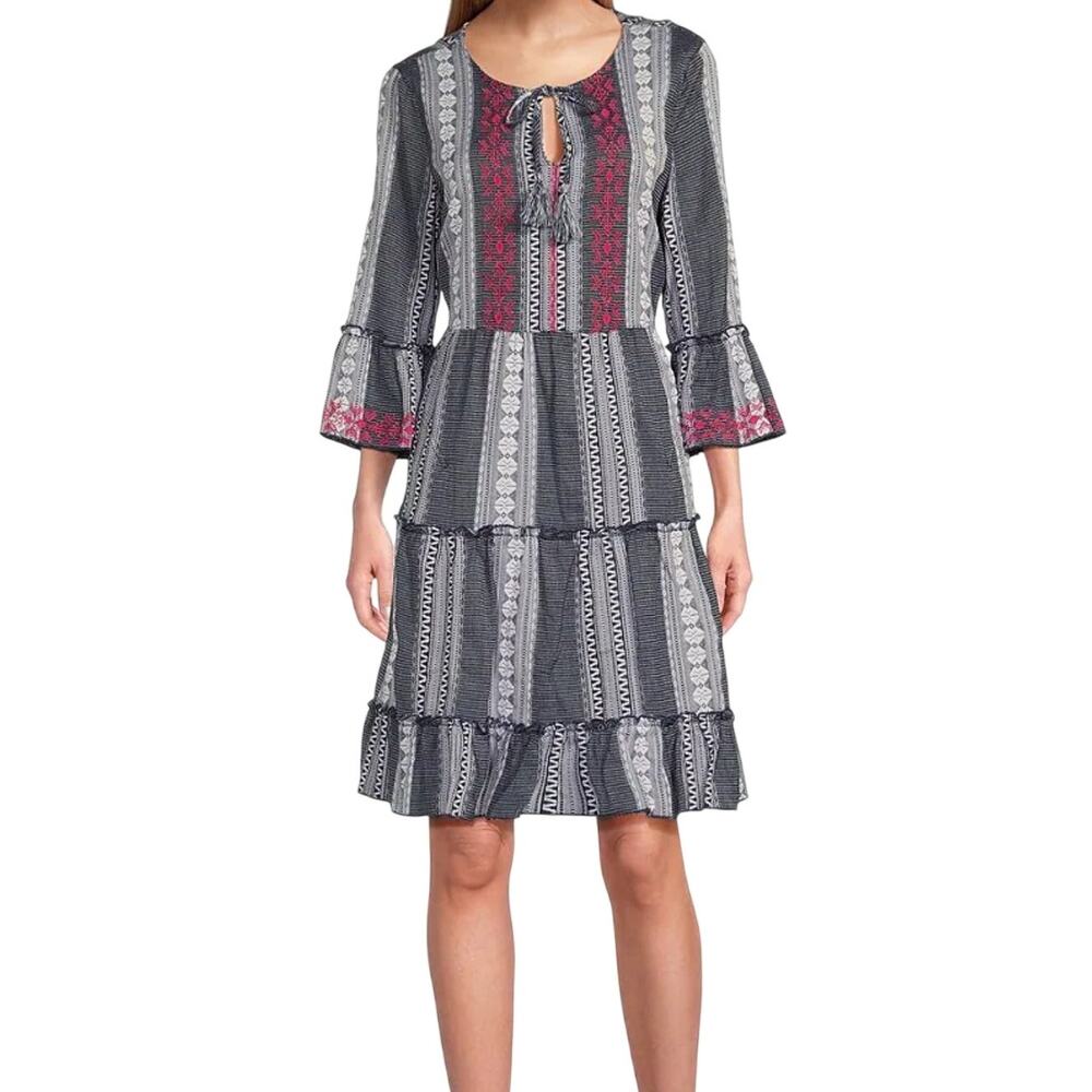 John Mark Embroidered Tie Neck Ruffle Sleeve Jacquard Dress Blue Pink Large